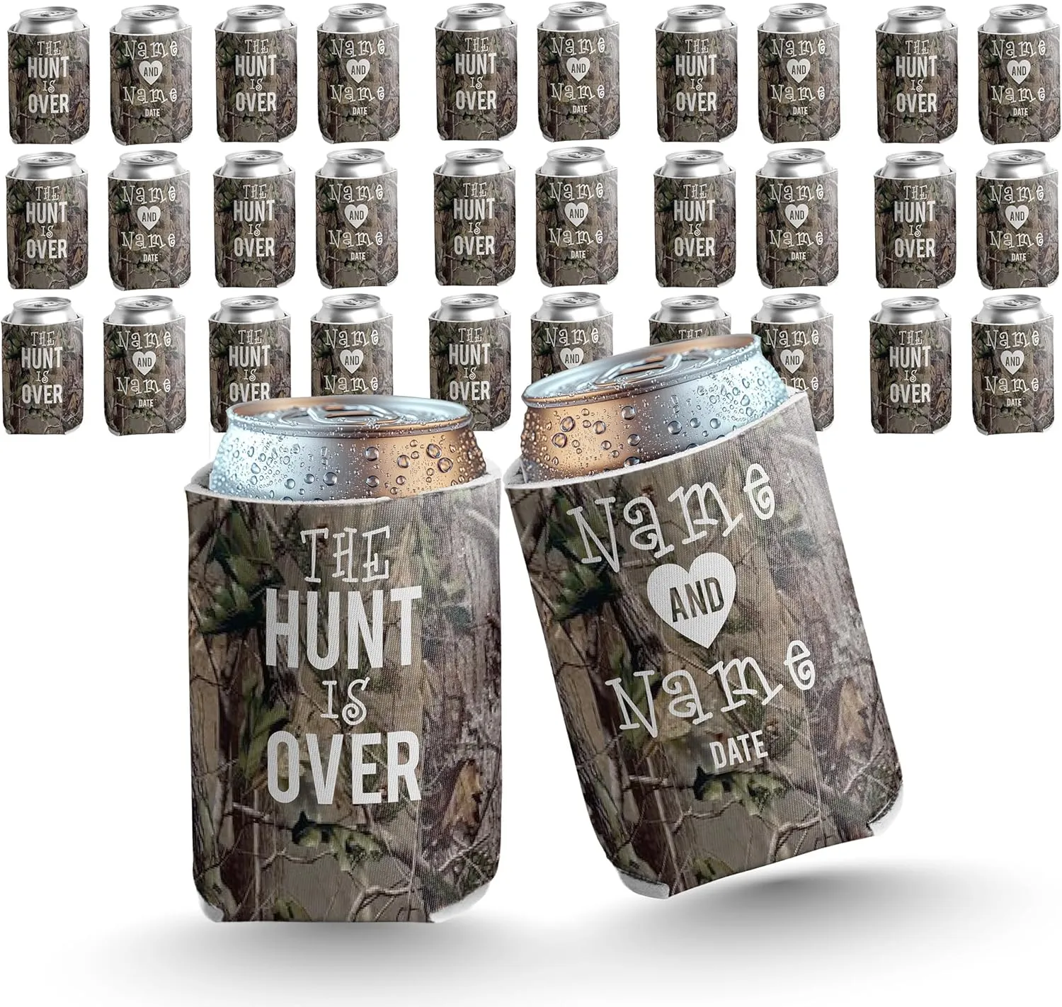 Custom Camouflage Wedding Can Coolers – The Hunt Is Over – Personalized Drink Sleeves for Rustic Weddings, Bachelor Parties & Outdoor Celebrations – 16 oz – VictoryStore, Set of 150