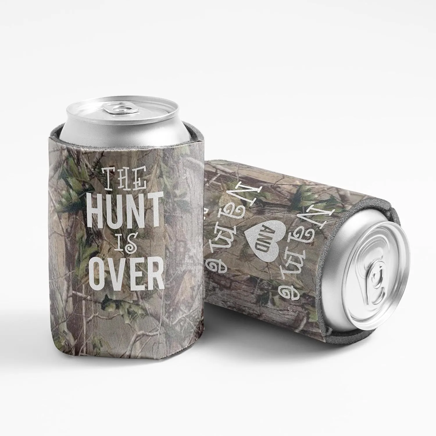 Custom Camouflage Wedding Can Coolers – The Hunt Is Over – Personalized Drink Sleeves for Rustic Weddings, Bachelor Parties & Outdoor Celebrations – 16 oz – VictoryStore, Set of 150