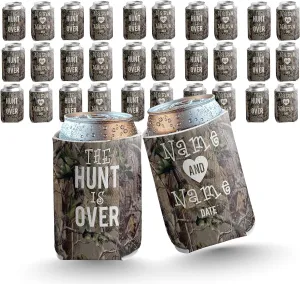 Custom Camouflage Wedding Can Coolers – The Hunt Is Over – Personalized Drink Sleeves for Rustic Weddings, Bachelor Parties & Outdoor Celebrations – 16 oz – VictoryStore, Set of 150