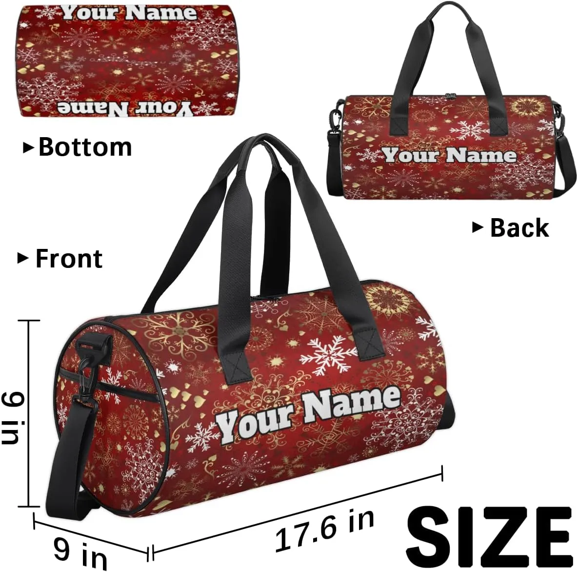 Custom Gym Bag for Women Men with Name, Personalized Christmas Duffel Bag for Sports, Waterproof Dance Bag, Lightweight Carryon Gym Bag, red Holiday Snowflake