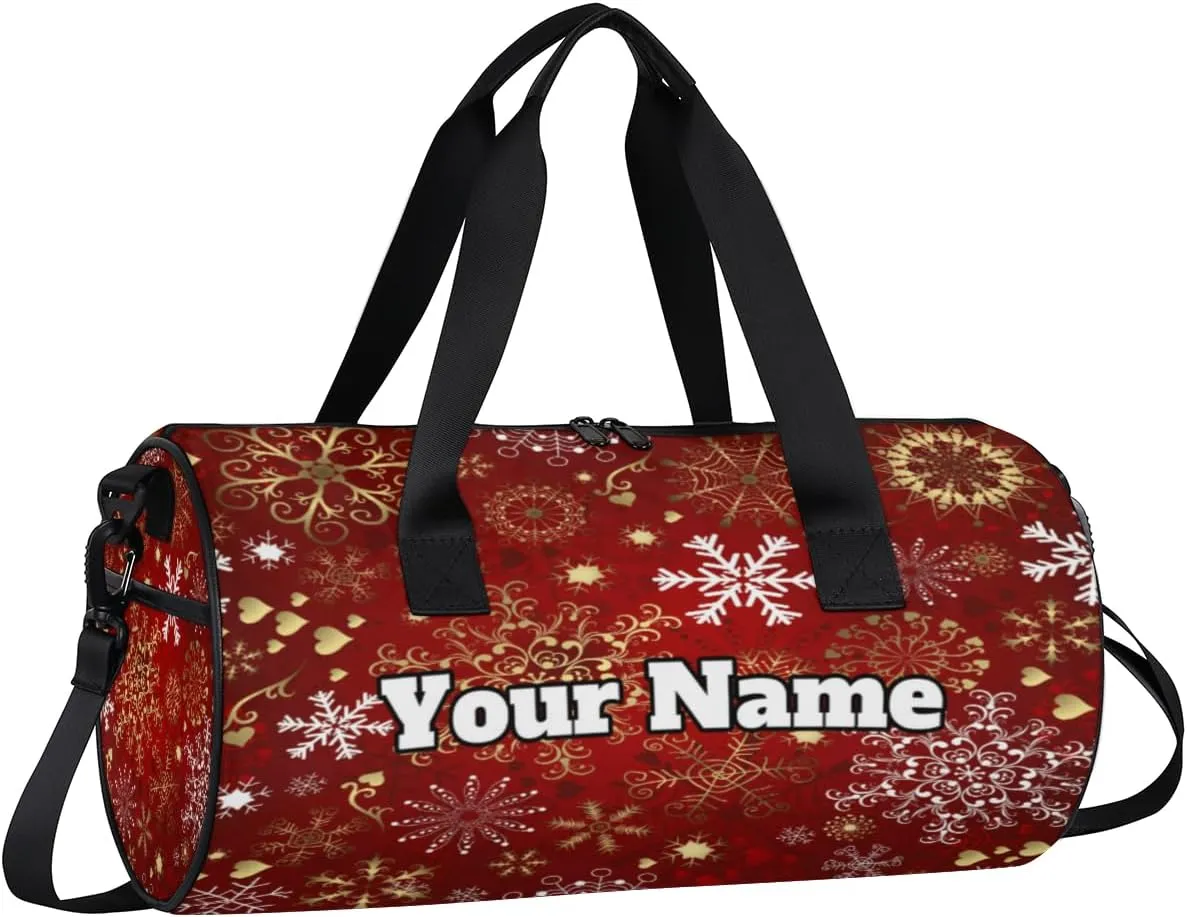 Custom Gym Bag for Women Men with Name, Personalized Christmas Duffel Bag for Sports, Waterproof Dance Bag, Lightweight Carryon Gym Bag, red Holiday Snowflake