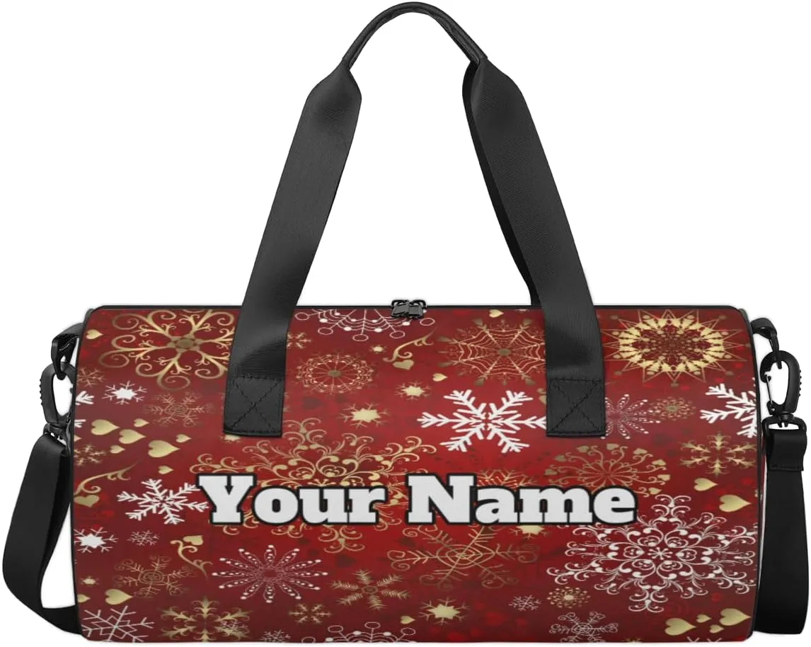 Custom Gym Bag for Women Men with Name, Personalized Christmas Duffel Bag for Sports, Waterproof Dance Bag, Lightweight Carryon Gym Bag, red Holiday Snowflake