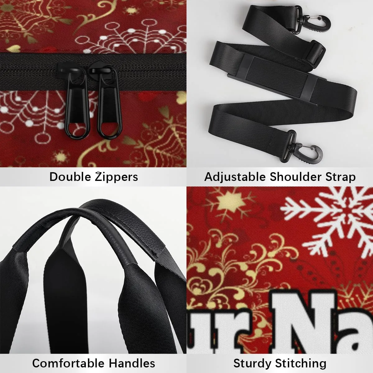 Custom Gym Bag for Women Men with Name, Personalized Christmas Duffel Bag for Sports, Waterproof Dance Bag, Lightweight Carryon Gym Bag, red Holiday Snowflake