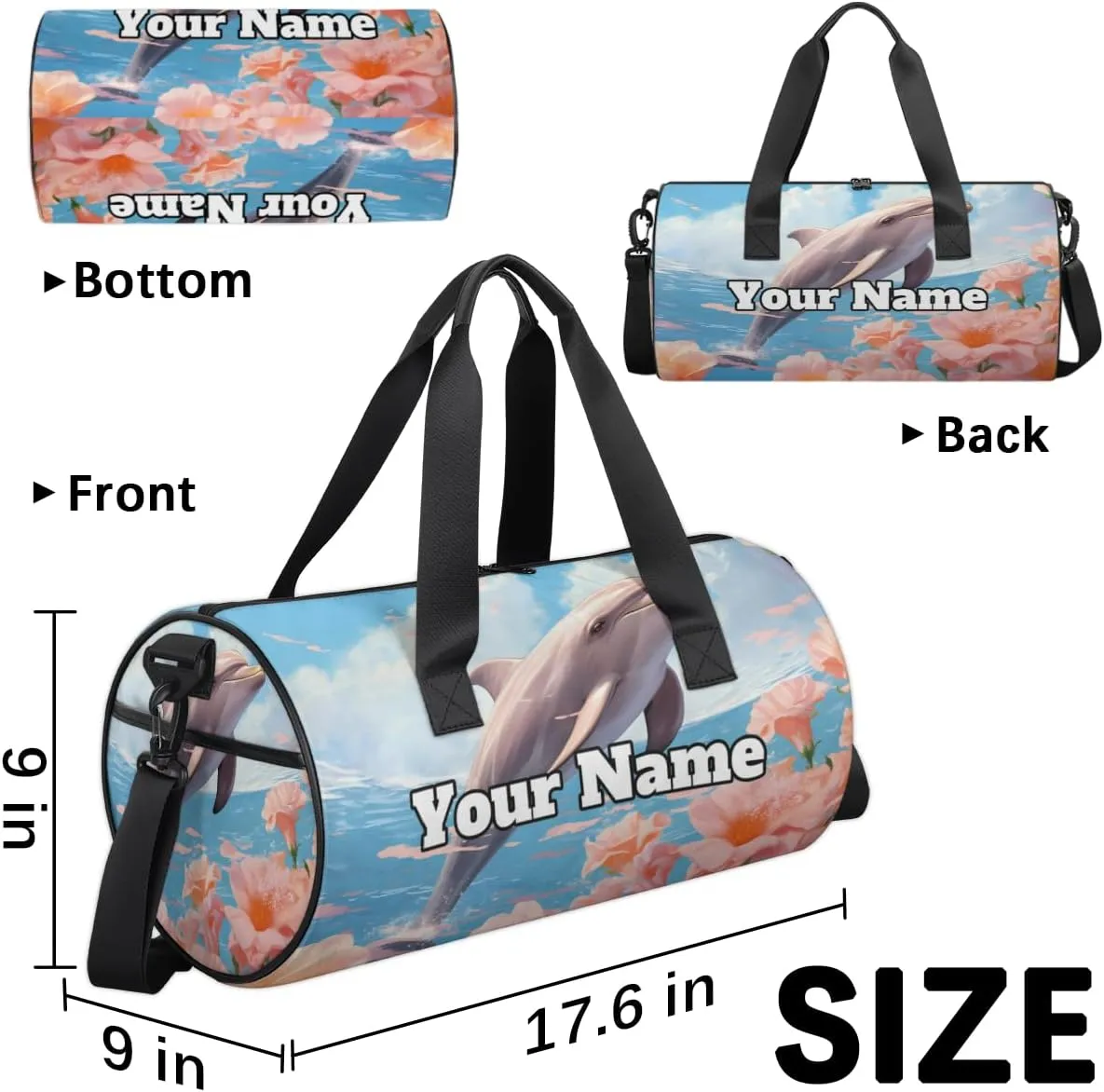 Custom Gym Bag for Women Men with Name, Personalized Dolphin Flowers Duffel Bag for Sports, Waterproof Dance Bag, Lightweight Carryon Gym Bag, Dolphin