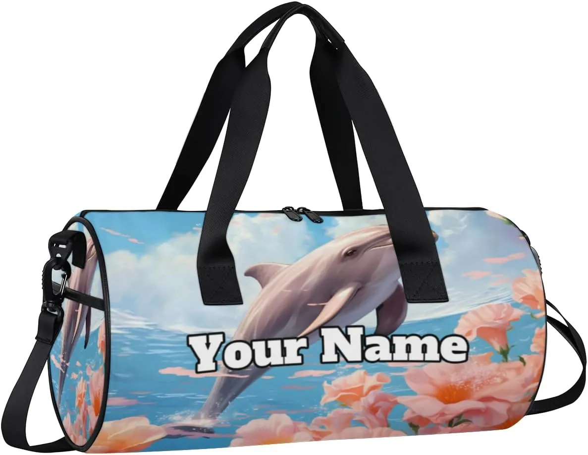 Custom Gym Bag for Women Men with Name, Personalized Dolphin Flowers Duffel Bag for Sports, Waterproof Dance Bag, Lightweight Carryon Gym Bag, Dolphin
