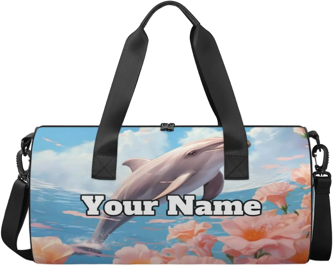 Custom Gym Bag for Women Men with Name, Personalized Dolphin Flowers Duffel Bag for Sports, Waterproof Dance Bag, Lightweight Carryon Gym Bag, Dolphin