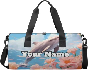 Custom Gym Bag for Women Men with Name, Personalized Dolphin Flowers Duffel Bag for Sports, Waterproof Dance Bag, Lightweight Carryon Gym Bag, Dolphin