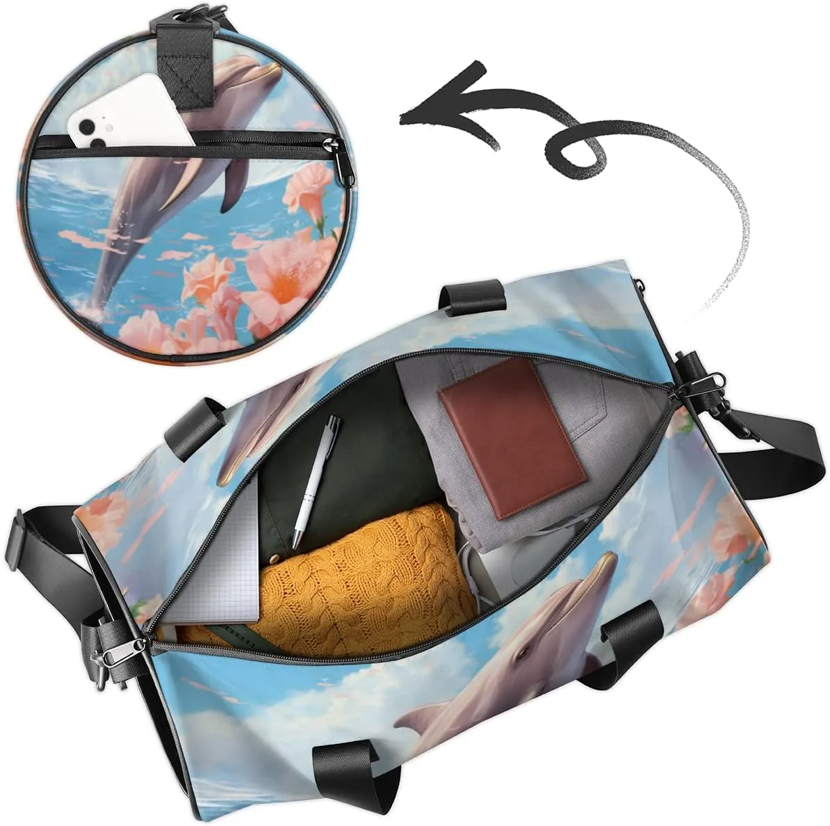 Custom Gym Bag for Women Men with Name, Personalized Dolphin Flowers Duffel Bag for Sports, Waterproof Dance Bag, Lightweight Carryon Gym Bag, Dolphin