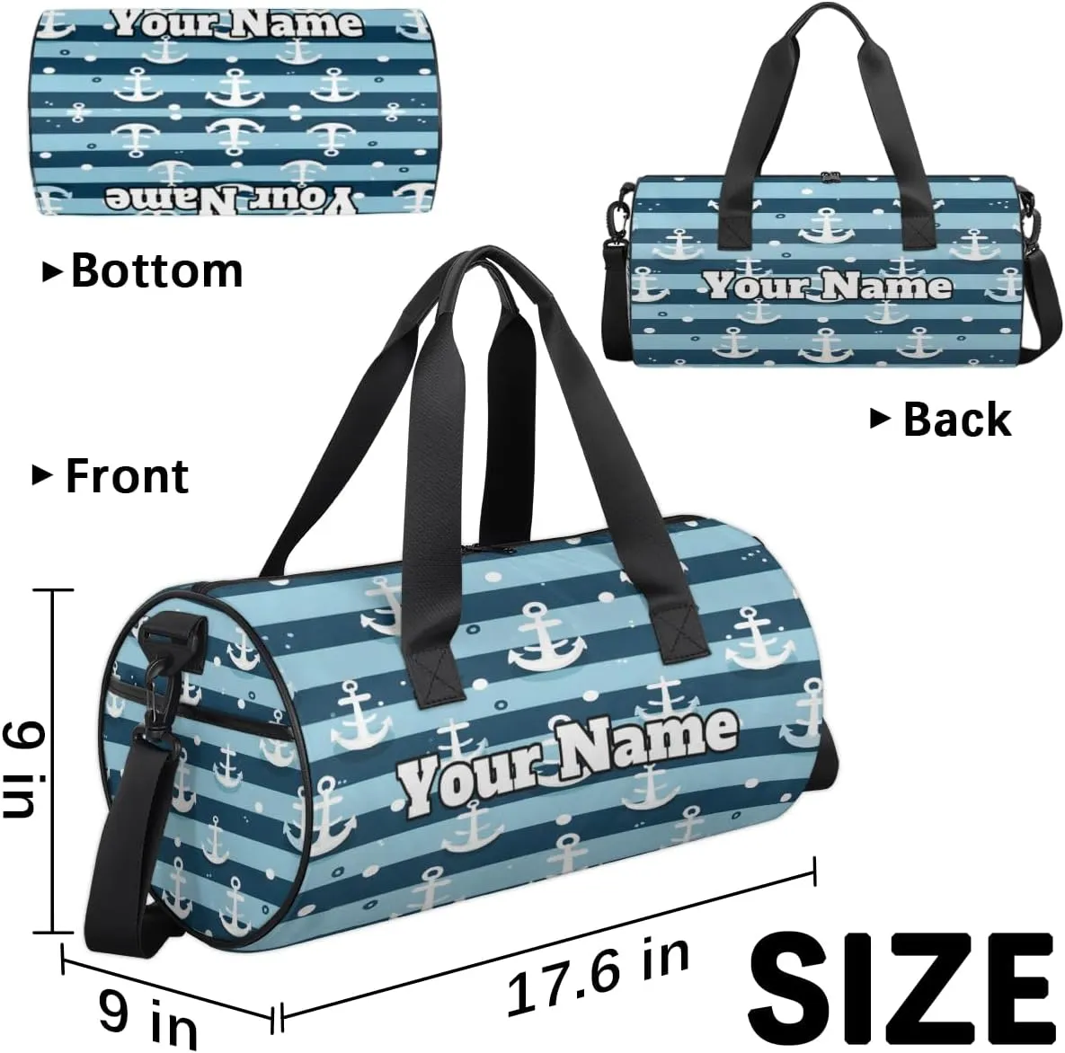 Custom Gym Bag for Women Men with Name, Personalized Nautical Duffel Bag for Sports, Waterproof Dance Bag, Lightweight Carryon Gym Bag, Nautical Stripe