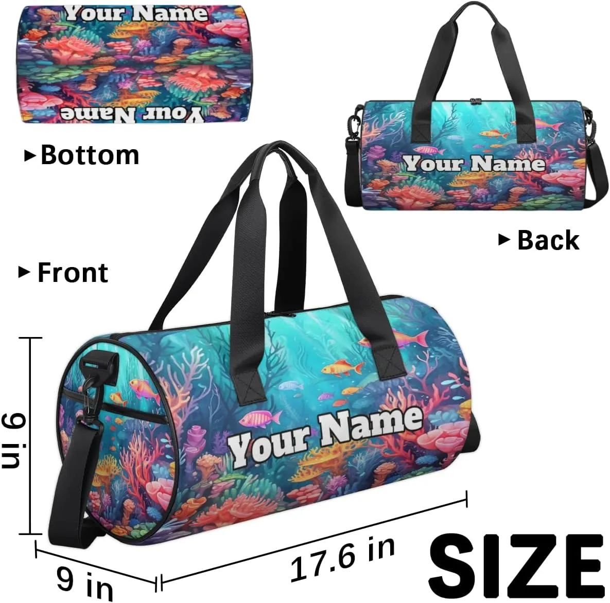 Custom Gym Bag for Women Men with Name, Personalized Ocean Animal Duffel Bag for Sports, Waterproof Dance Bag, Lightweight Carryon Gym Bag, Ocean Theme