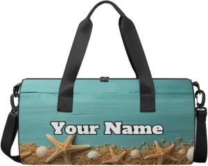 Custom Gym Bag for Women Men with Name, Personalized Starfish Seashells Duffel Bag for Sports, Waterproof Dance Bag, Lightweight Carryon Gym Bag, Summer Beach