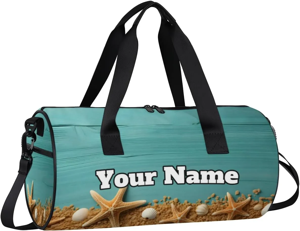 Custom Gym Bag for Women Men with Name, Personalized Starfish Seashells Duffel Bag for Sports, Waterproof Dance Bag, Lightweight Carryon Gym Bag, Summer Beach