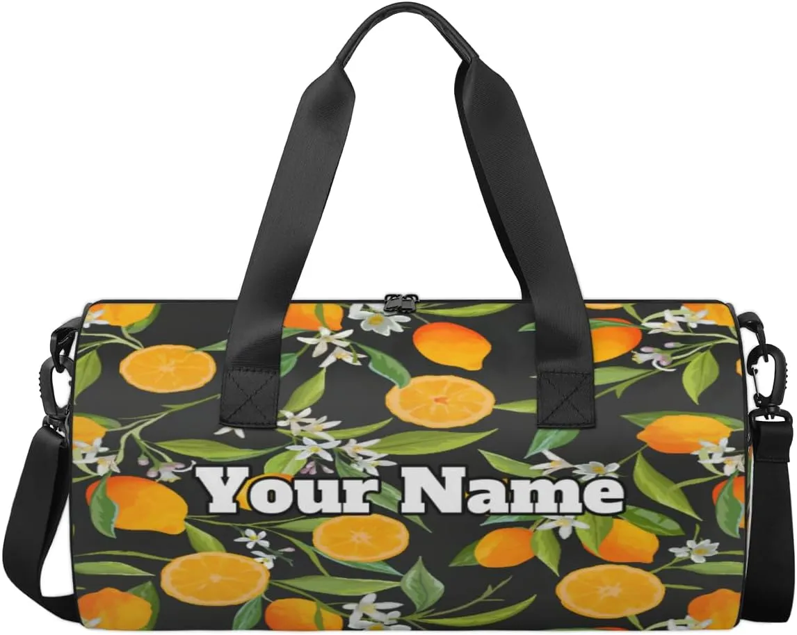 Custom Gym Bag for Women Men with Name, Personalized Tropical Lemon Duffel Bag for Sports, Waterproof Dance Bag, Lightweight Carryon Gym Bag, Flowers