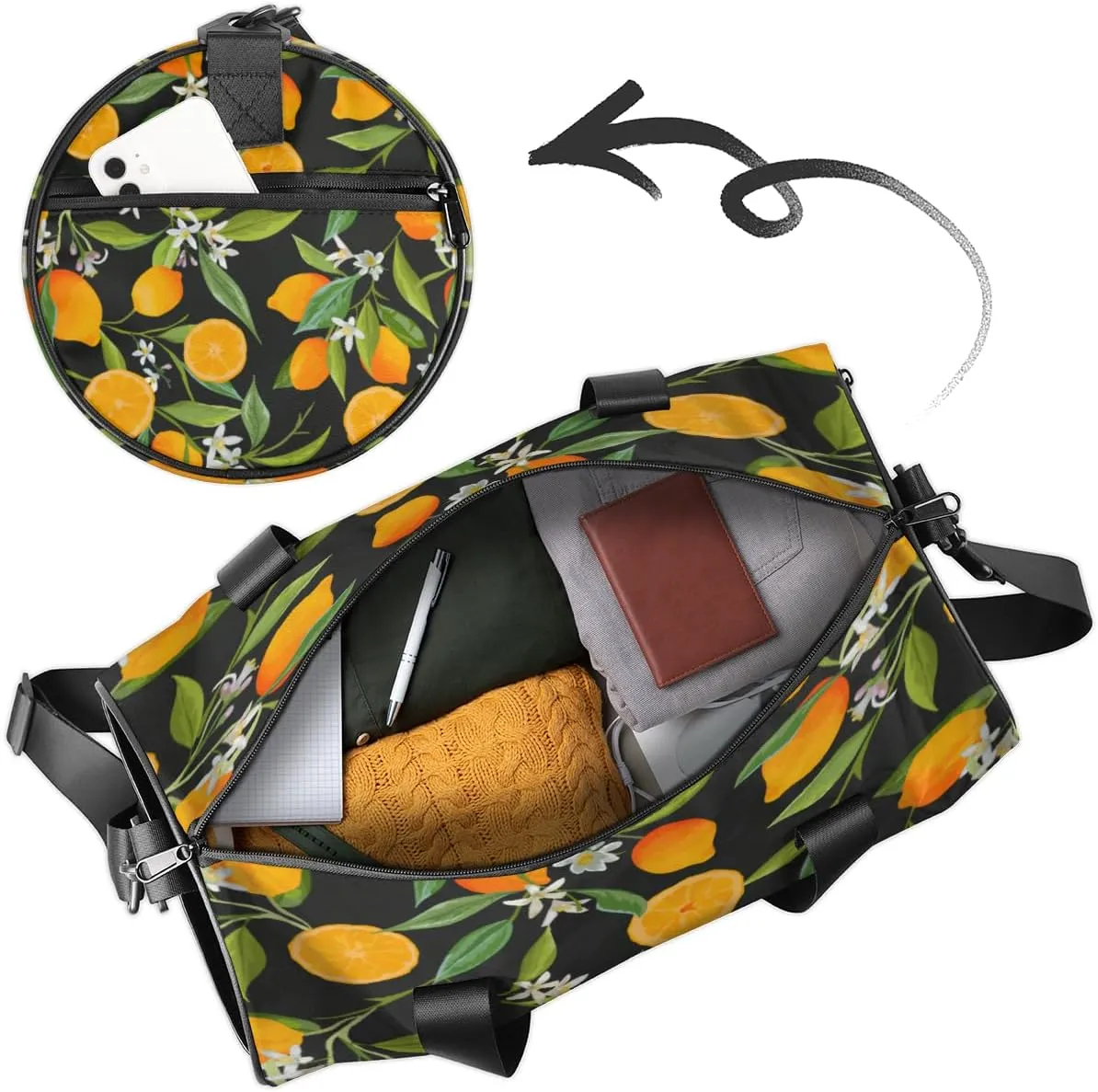 Custom Gym Bag for Women Men with Name, Personalized Tropical Lemon Duffel Bag for Sports, Waterproof Dance Bag, Lightweight Carryon Gym Bag, Flowers
