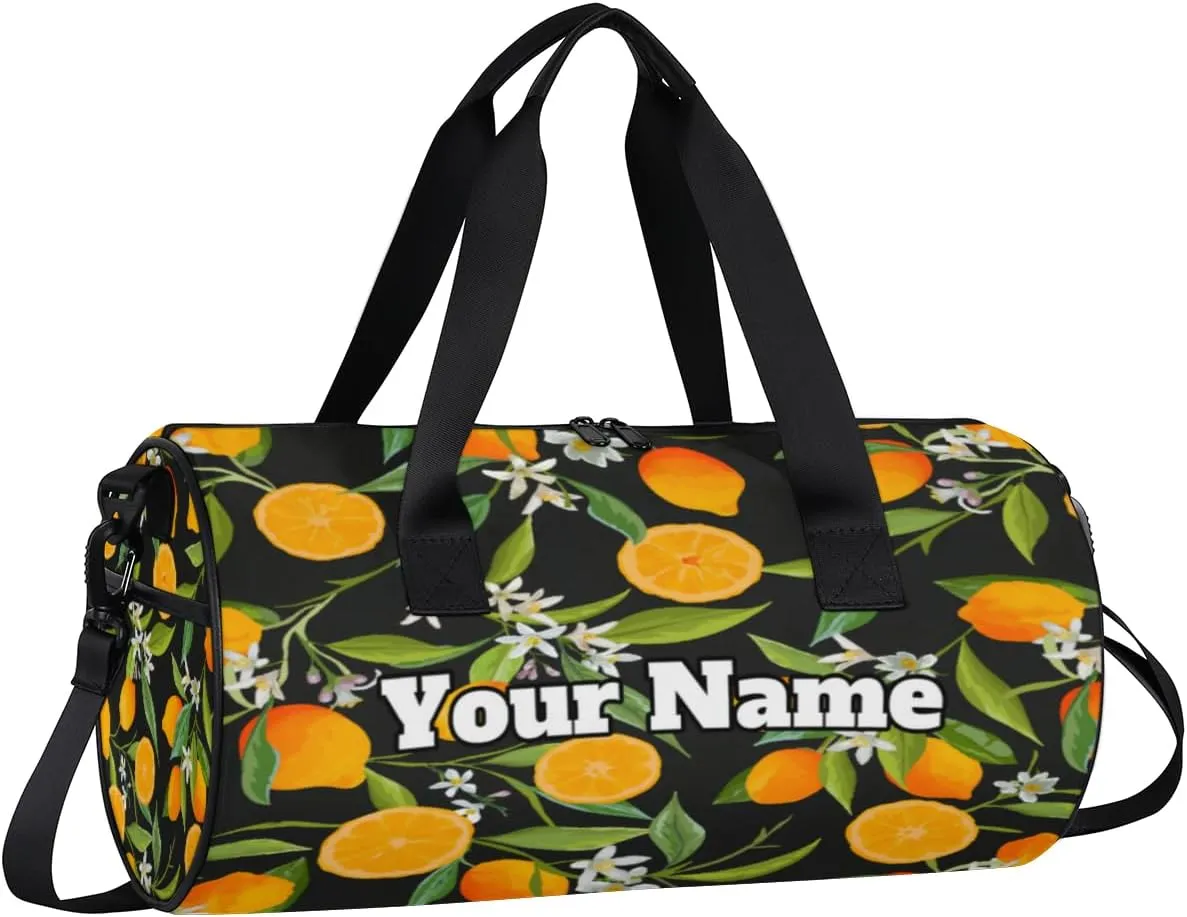 Custom Gym Bag for Women Men with Name, Personalized Tropical Lemon Duffel Bag for Sports, Waterproof Dance Bag, Lightweight Carryon Gym Bag, Flowers