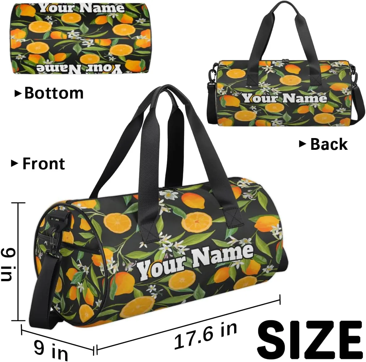 Custom Gym Bag for Women Men with Name, Personalized Tropical Lemon Duffel Bag for Sports, Waterproof Dance Bag, Lightweight Carryon Gym Bag, Flowers