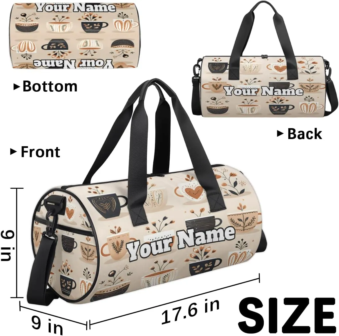 Custom Gym Bag for Women Men with Name, Personalized Various Coffee Duffel Bag for Sports, Waterproof Dance Bag, Lightweight Carryon Gym Bag, Coffee