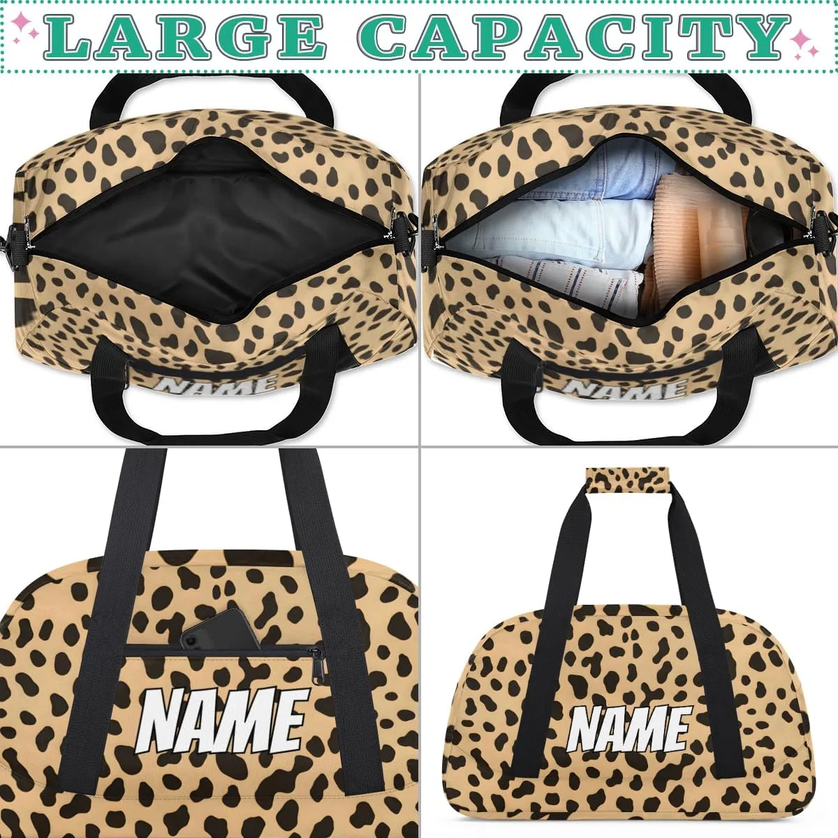 Custom Leopard Print Sports Gym Bag Personalized Wildlife Animal Skin Name Travel Duffel Bag Customized Weekender Overnight Bags for Women Men