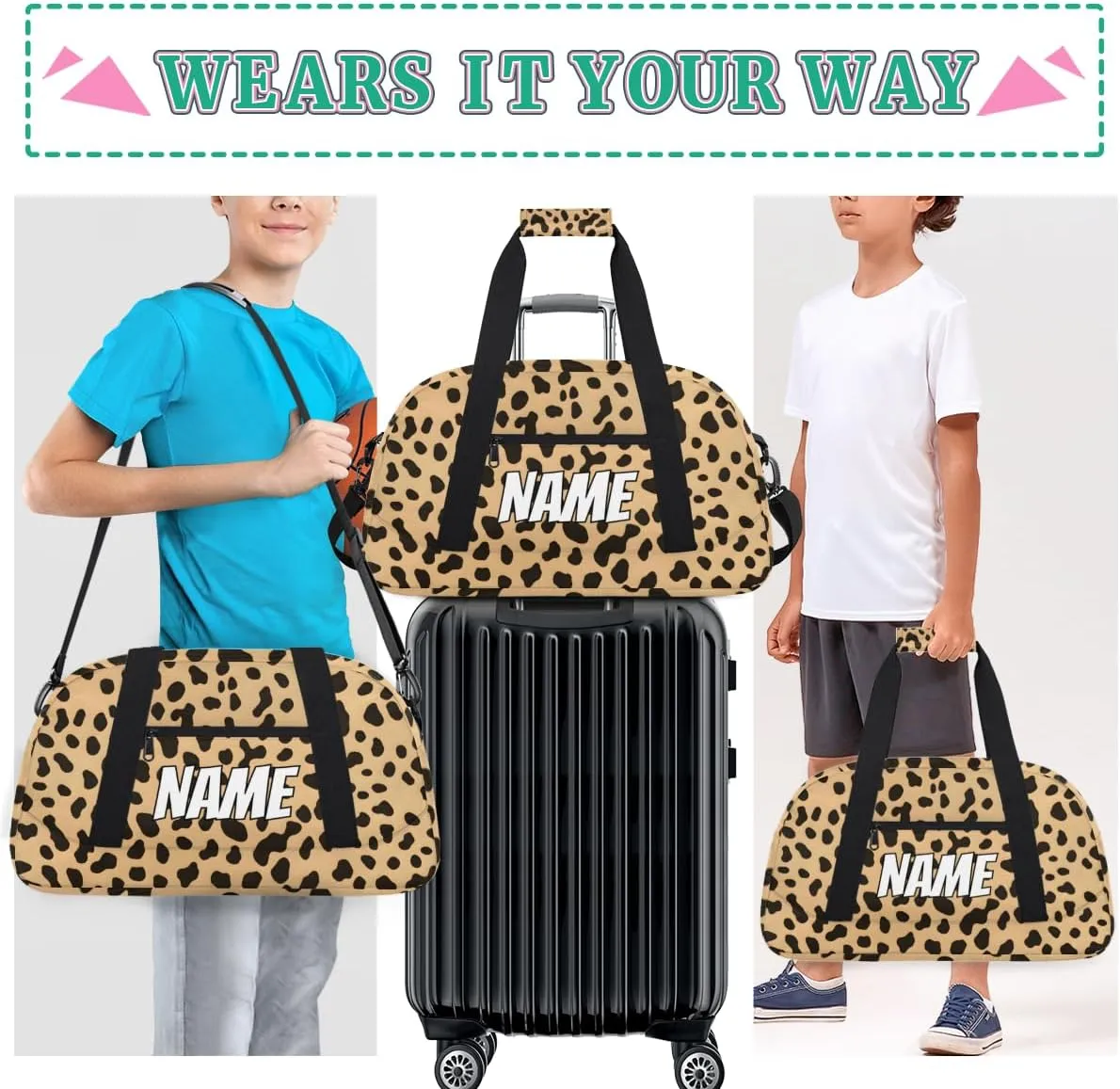 Custom Leopard Print Sports Gym Bag Personalized Wildlife Animal Skin Name Travel Duffel Bag Customized Weekender Overnight Bags for Women Men