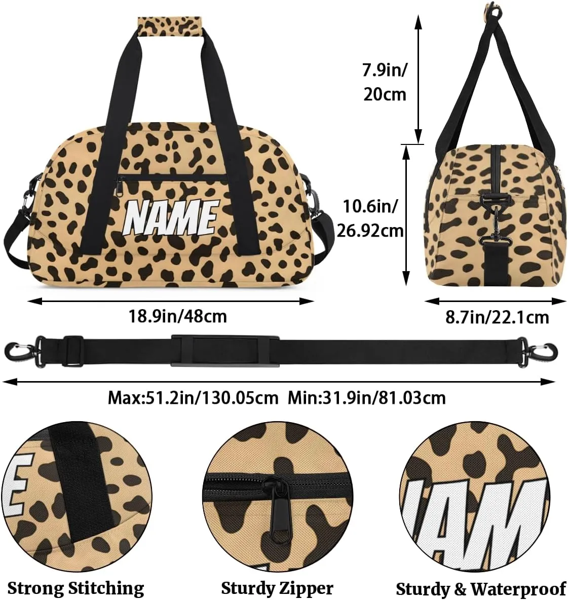 Custom Leopard Print Sports Gym Bag Personalized Wildlife Animal Skin Name Travel Duffel Bag Customized Weekender Overnight Bags for Women Men