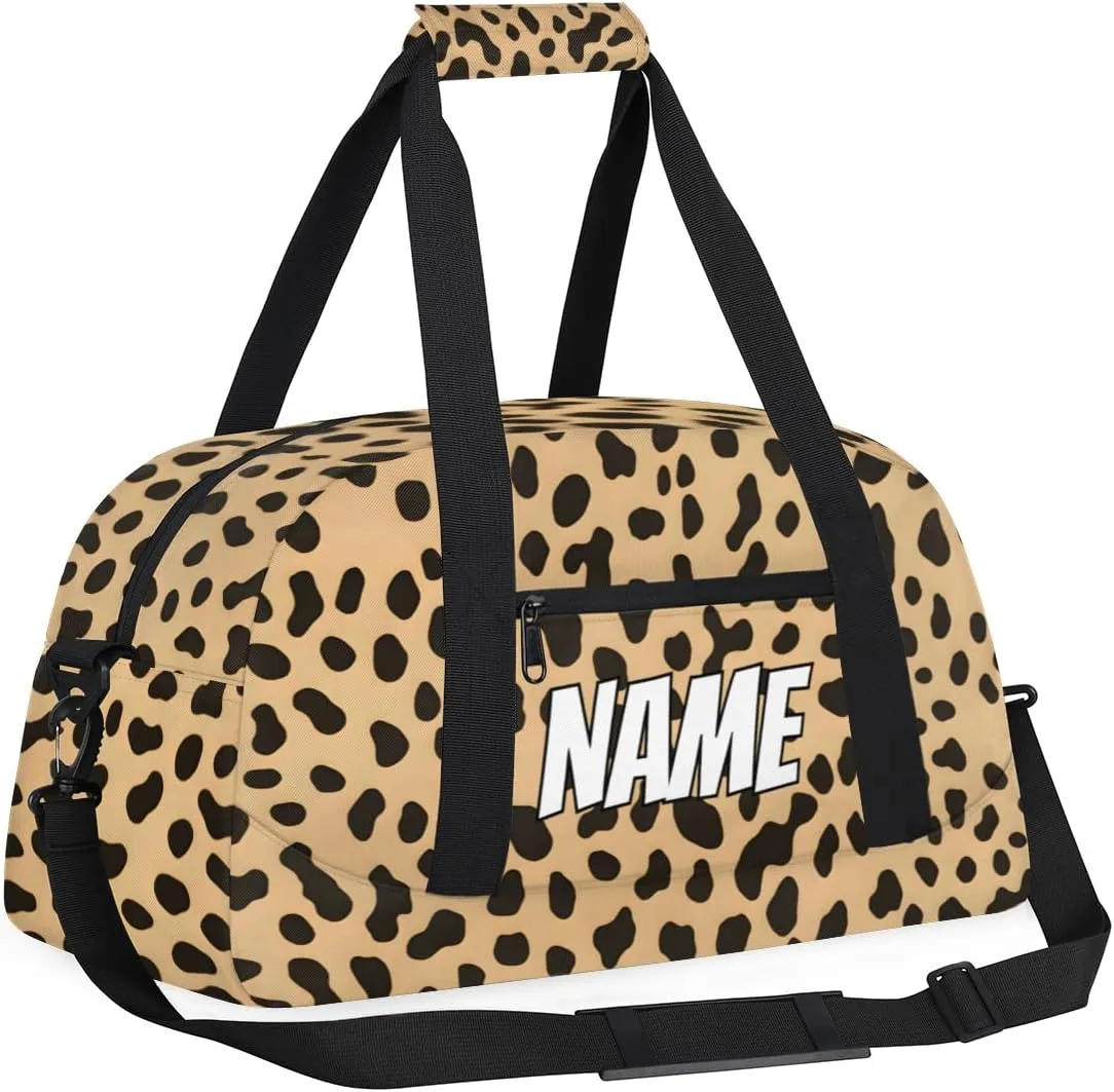 Custom Leopard Print Sports Gym Bag Personalized Wildlife Animal Skin Name Travel Duffel Bag Customized Weekender Overnight Bags for Women Men