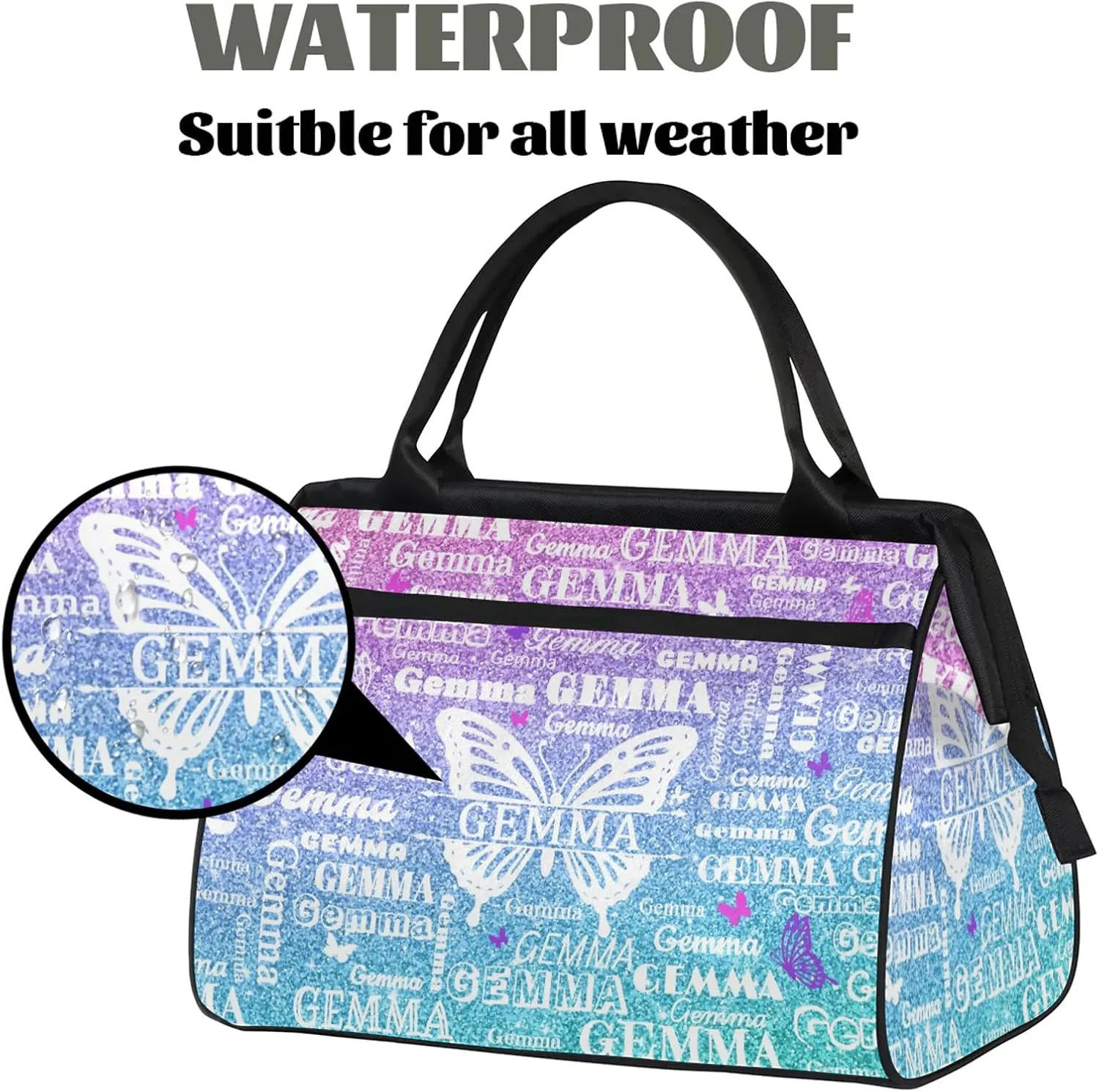 Custom Sport Duffel Bag with Name Butterfly Travel Overnight Bag for Women Men Waterproof Dance Ballet Bag Lightweight 15.2in, Gradient Blue
