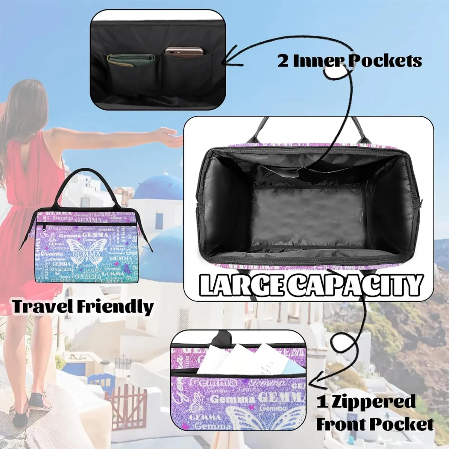 Custom Sport Duffel Bag with Name Butterfly Travel Overnight Bag for Women Men Waterproof Dance Ballet Bag Lightweight 15.2in, Gradient Blue