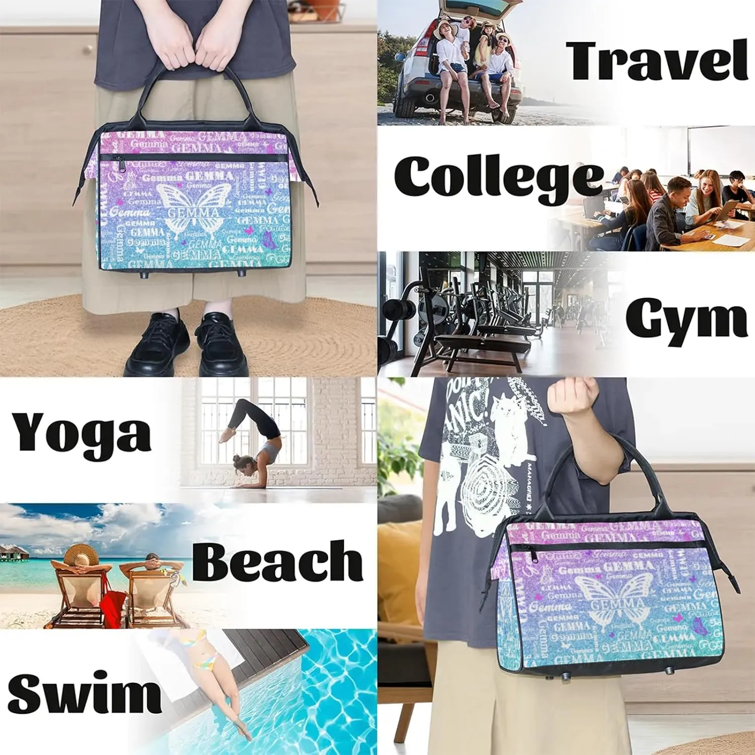 Custom Sport Duffel Bag with Name Butterfly Travel Overnight Bag for Women Men Waterproof Dance Ballet Bag Lightweight 15.2in, Gradient Blue