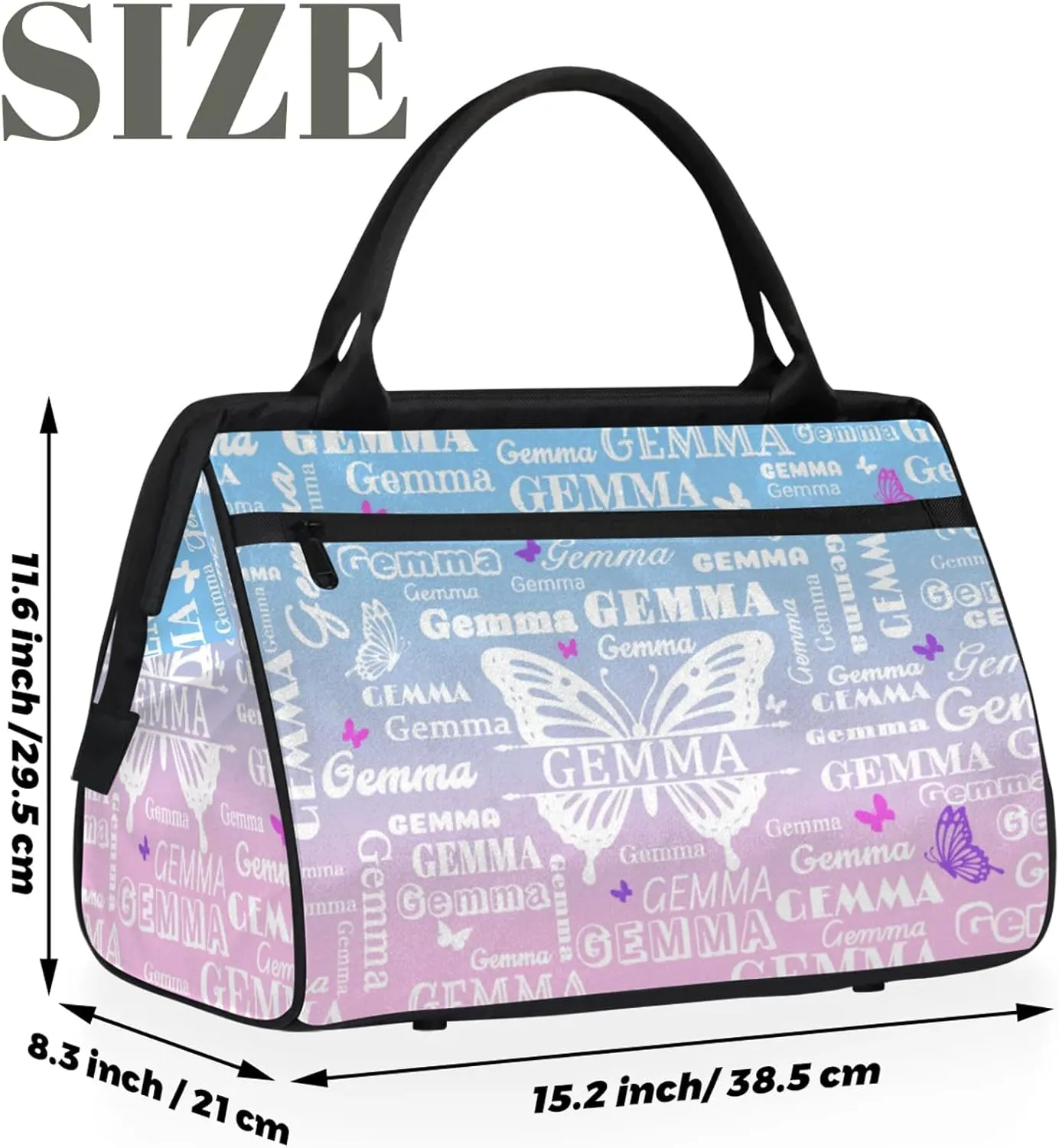 Custom Sport Duffel Bag with Name Butterfly Travel Overnight Bag for Women Men Waterproof Dance Ballet Bag Lightweight 15.2in, Sky Blue Pink