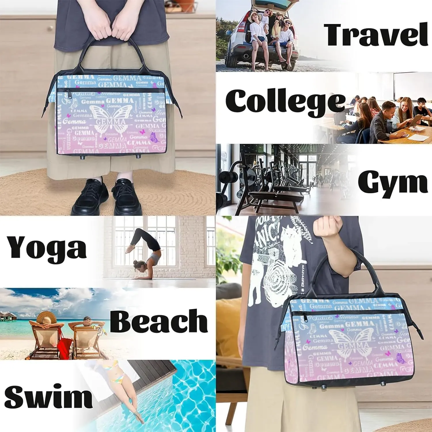 Custom Sport Duffel Bag with Name Butterfly Travel Overnight Bag for Women Men Waterproof Dance Ballet Bag Lightweight 15.2in, Sky Blue Pink
