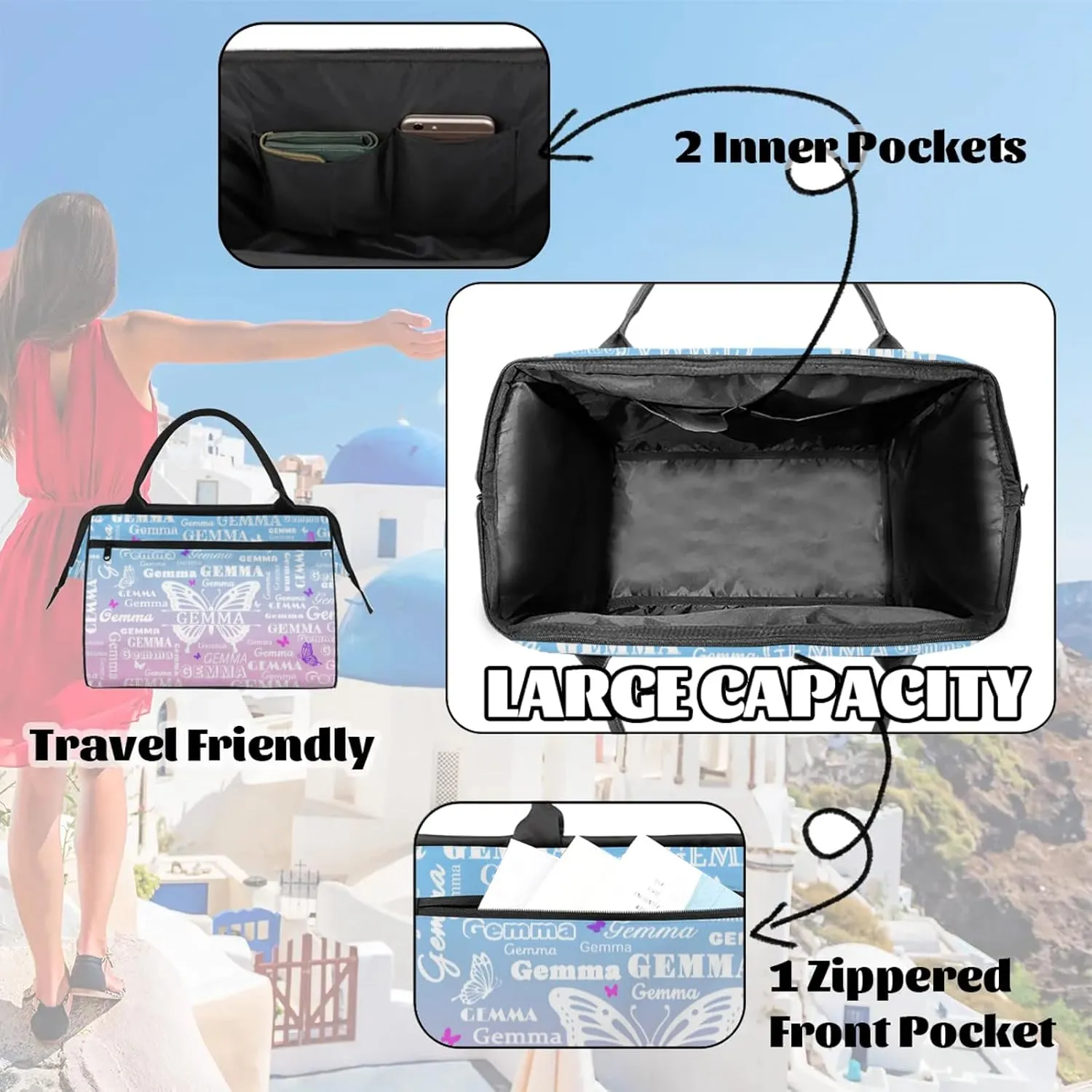 Custom Sport Duffel Bag with Name Butterfly Travel Overnight Bag for Women Men Waterproof Dance Ballet Bag Lightweight 15.2in, Sky Blue Pink