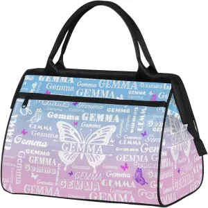Custom Sport Duffel Bag with Name Butterfly Travel Overnight Bag for Women Men Waterproof Dance Ballet Bag Lightweight 15.2in, Sky Blue Pink