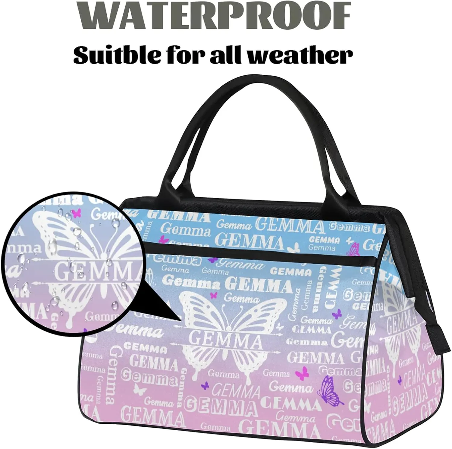 Custom Sport Duffel Bag with Name Butterfly Travel Overnight Bag for Women Men Waterproof Dance Ballet Bag Lightweight 15.2in, Sky Blue Pink