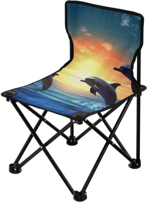 Cute Dolphin Diving Portable Outdoor Folding Chair Anti-Slip Padded Oxford Cloth Stool Camping Chair Small for Beach Hiking Fishing Gardening Quad Camp Chair