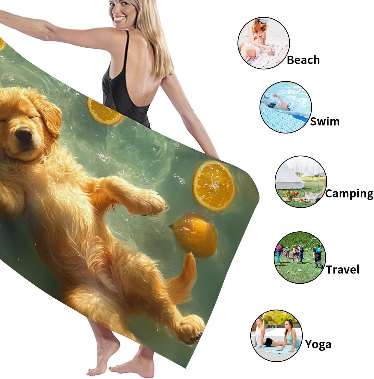 Cute Golden Retriever Microfiber Beach Towel Yellow Adorable Dog Design, Quick Dry Absorbent Sand Free Lightweight Beach Blanket, Travel Outdoors Picnic Essentials 62x31 Inch