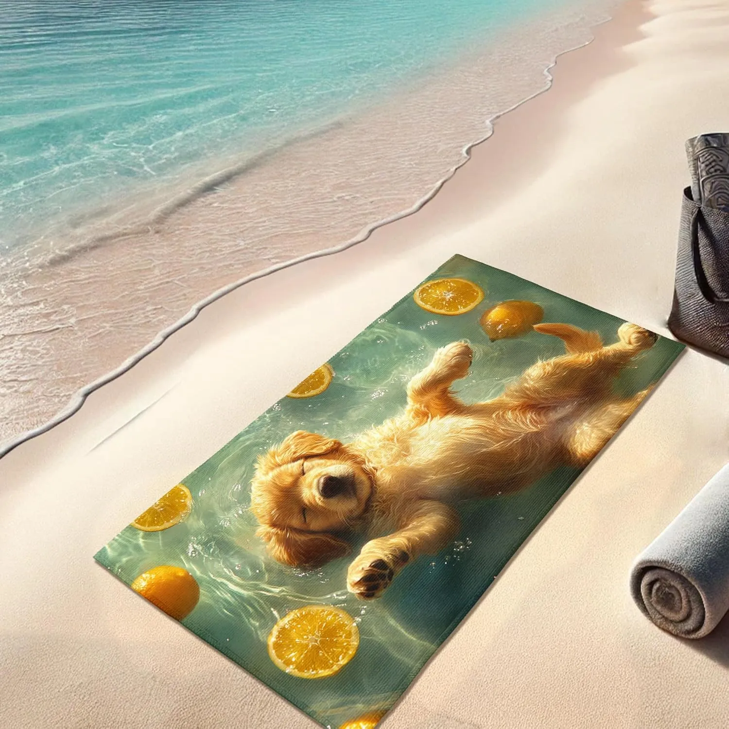 Cute Golden Retriever Microfiber Beach Towel Yellow Adorable Dog Design, Quick Dry Absorbent Sand Free Lightweight Beach Blanket, Travel Outdoors Picnic Essentials 62x31 Inch