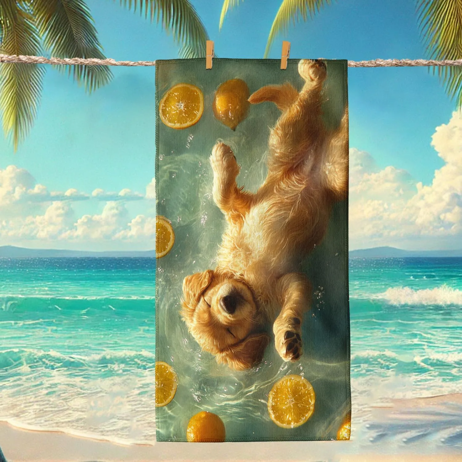 Cute Golden Retriever Microfiber Beach Towel Yellow Adorable Dog Design, Quick Dry Absorbent Sand Free Lightweight Beach Blanket, Travel Outdoors Picnic Essentials 62x31 Inch