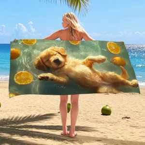 Cute Golden Retriever Microfiber Beach Towel Yellow Adorable Dog Design, Quick Dry Absorbent Sand Free Lightweight Beach Blanket, Travel Outdoors Picnic Essentials 62x31 Inch