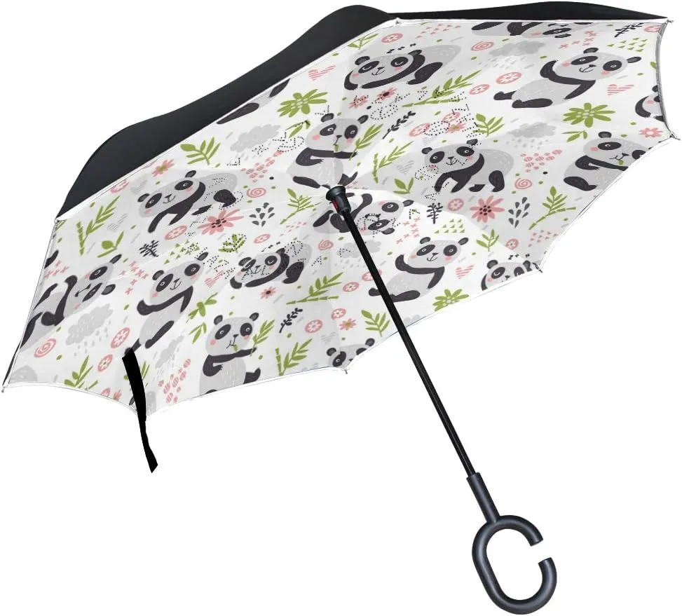Cute Panda Reverse Inverted Inside Out Umbrella Cars Unigue Windproof UV Proof Double Layer for Women