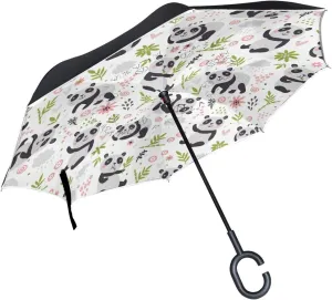 Cute Panda Reverse Inverted Inside Out Umbrella Cars Unigue Windproof UV Proof Double Layer for Women