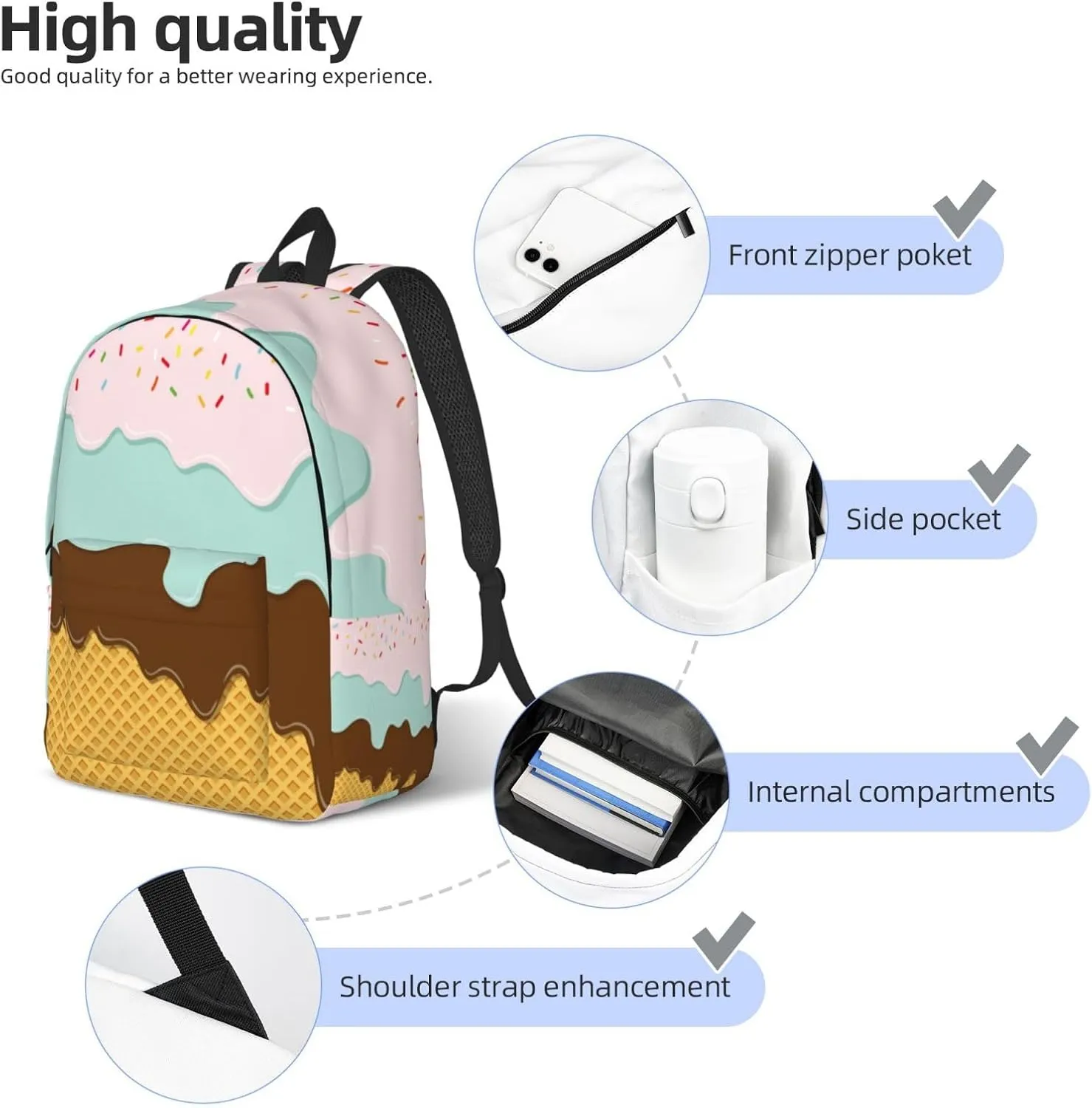 Cute Sweet Waffle Kawaii Girl Backpack for Girls Boys Women Lightweight Canvas Bookbag Casual Daypack for Travel Outdoor Camping, 15 Inch