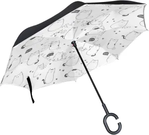 Cute White Fat Cat Reverse Inverted Inside Out Umbrella Cars Unigue Windproof UV Proof Double Layer for Women