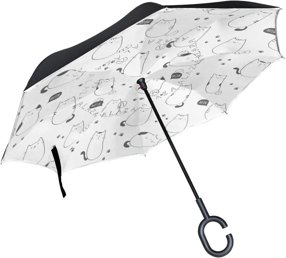 Cute White Fat Cat Reverse Inverted Inside Out Umbrella Cars Unigue Windproof UV Proof Double Layer for Women