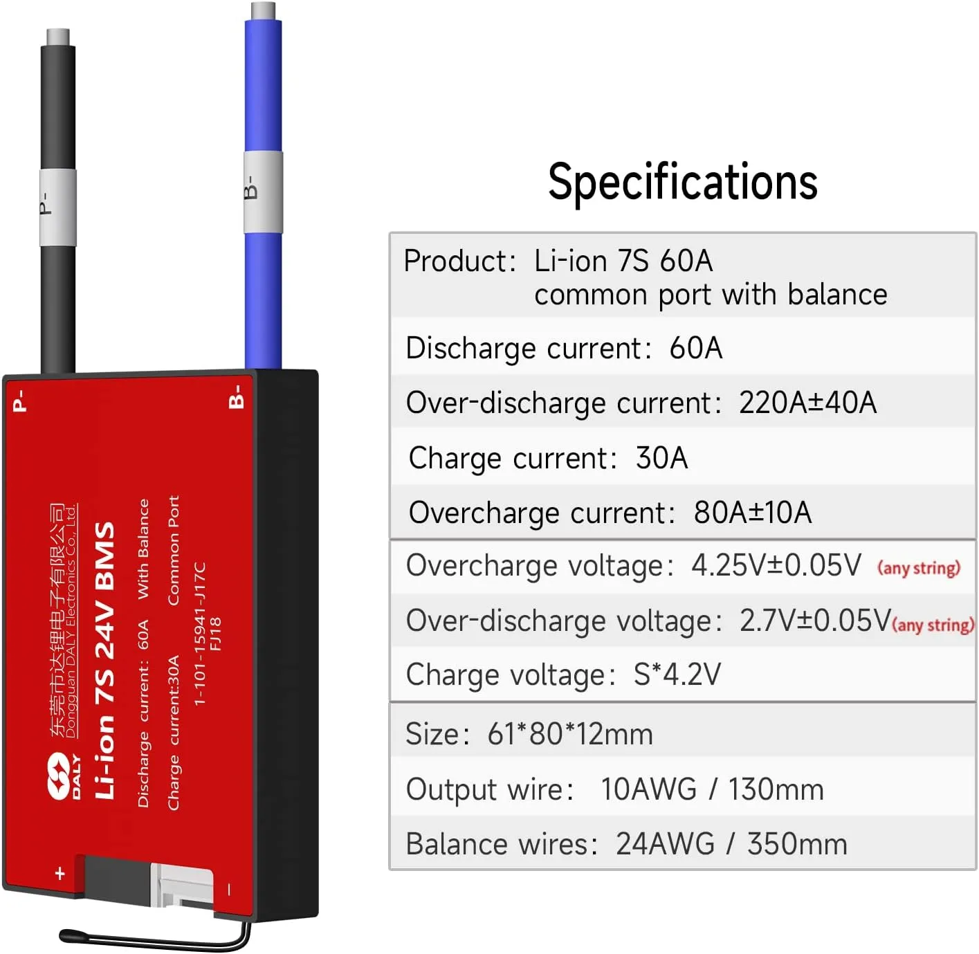 DALY 24V BMS li-ion 7S 60A with Balance Wire and Temperature Sensor for Rated 3.7V Lithium Battery Power Bank Short Circuit Protection（Standard BMS,60A）