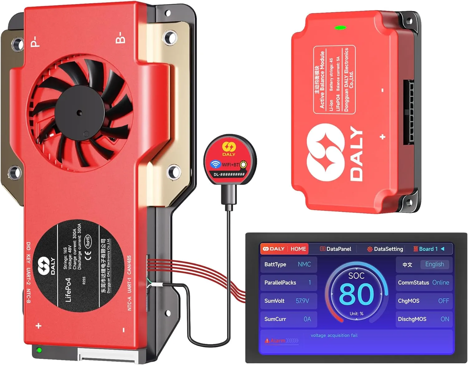 DALY BMS Balance 48V 300A Display - 5A Active Balance BMS 16S with 4.3 Inch LCD Touch Screen WiFi Bluetooth Module Supports RS485 CAN for LiFePO4 Battery Pack Golf Carts Electric Outboard Motors Solar
