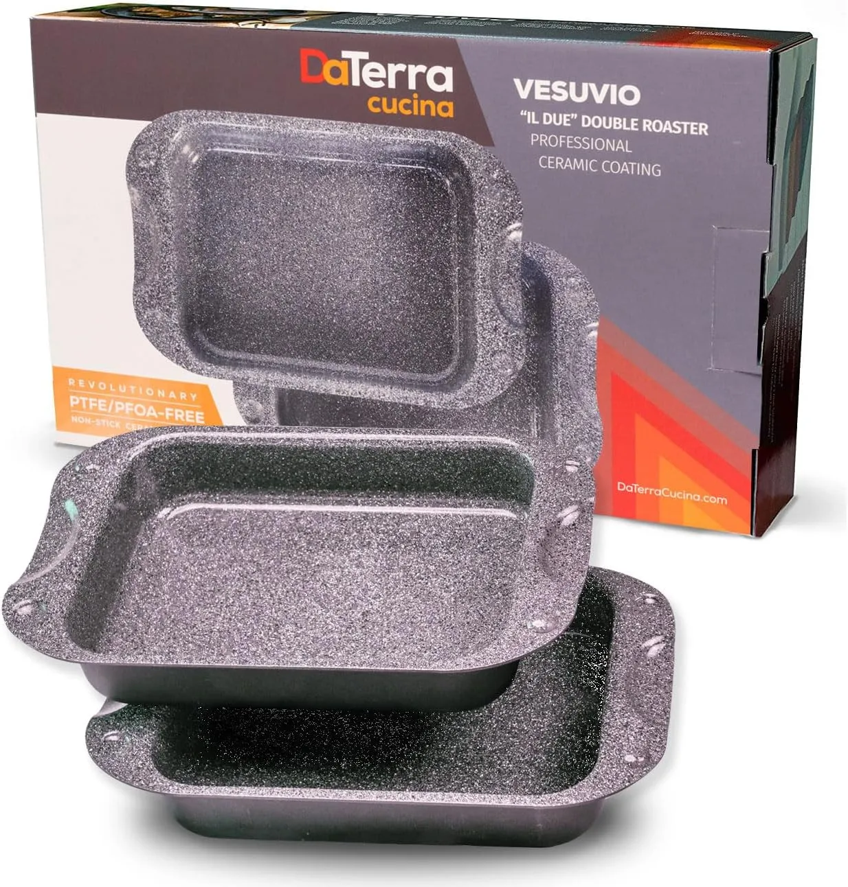 DaTerra Cucina - 13 x 8 x 4.25 Nonstick Ceramic Coated Dual Roasting Pan Set – 2 Identical Pans, Oven Safe, Ideal for Roasting, Baking, Searing, Braising, Casseroles, Fits Most Toaster Ovens