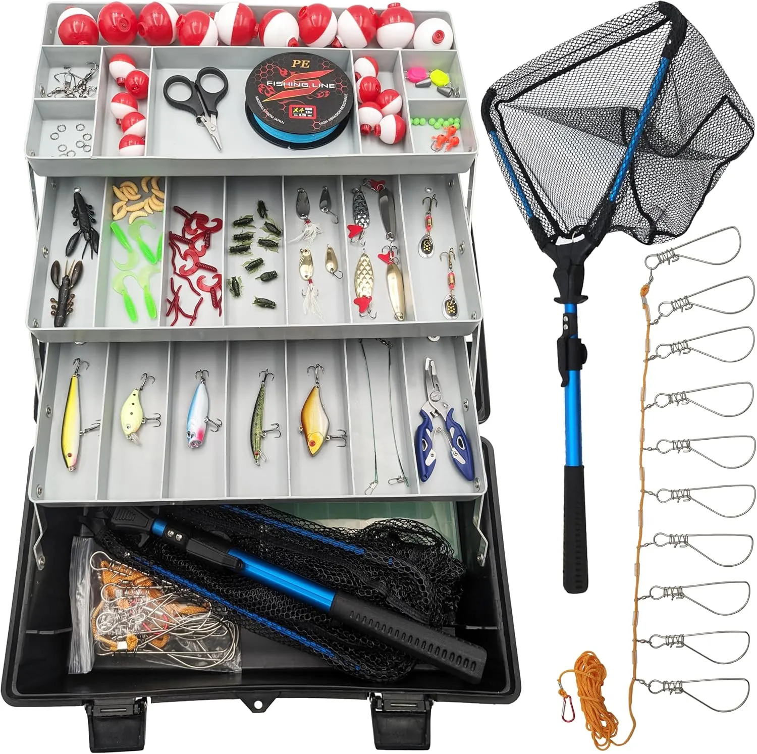 Deluxe Fishing Starter Set - Includes Collapsible Net, Fishing Line, Fish Stringer, Bobbers, Hooks, Lures, Tools, and 3-Tray Tacklebox - SciencePurchase