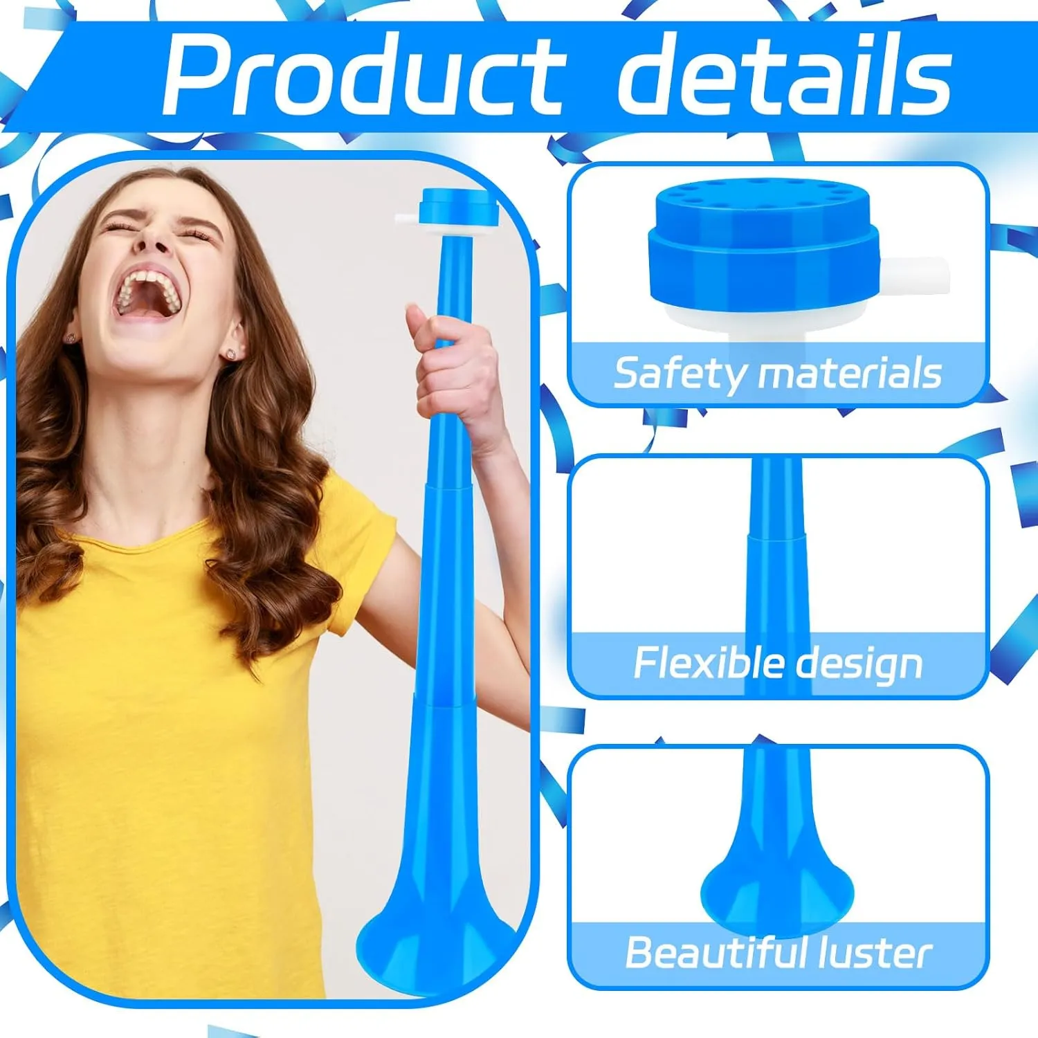 Denylo pro 4 Pcs Collapsible Stadium Horn Set NoiseMaker Vuvuzela Plastic Trumpet Horn Set Blue Soccer Horn Blow Horn Noisemakers for Sporting Events Graduation Games School Sports Party Supplies