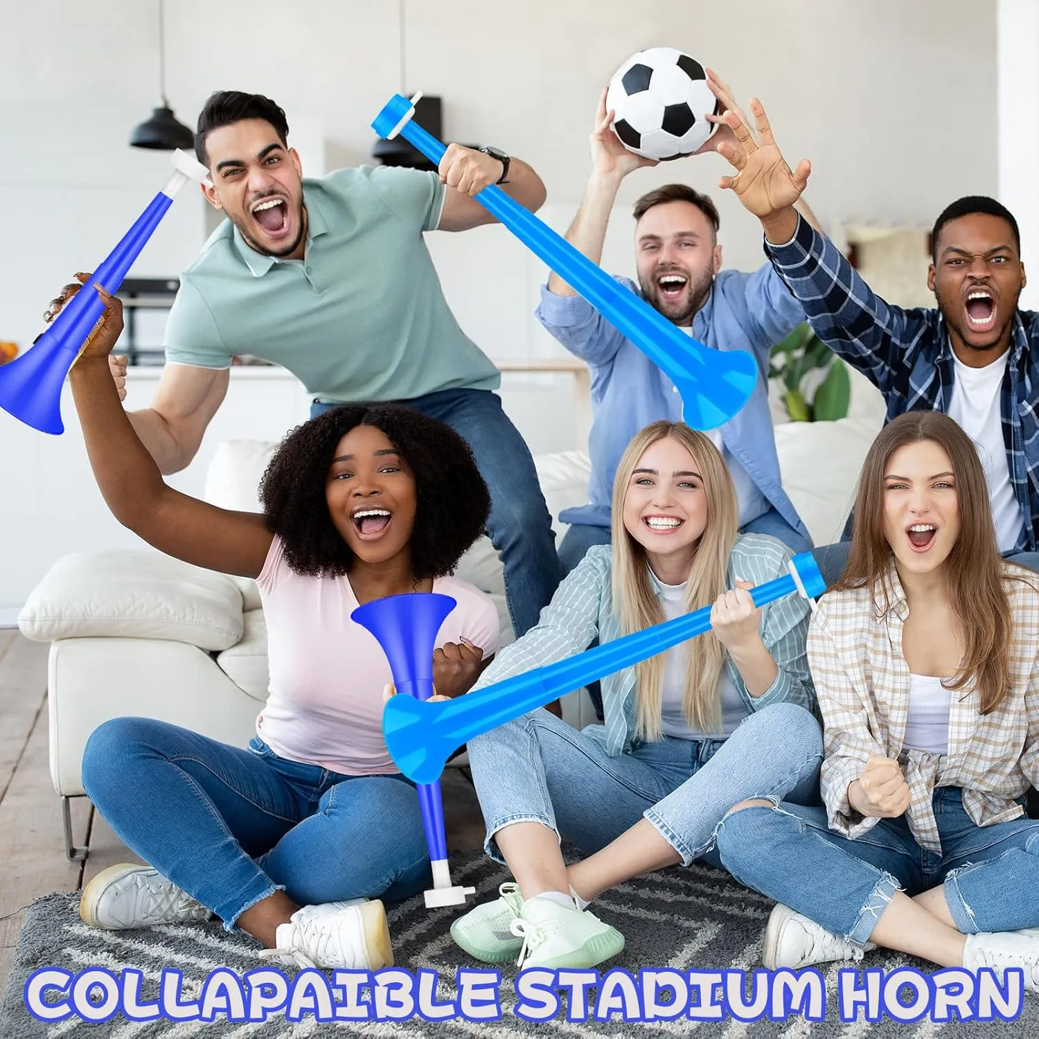 Denylo pro 4 Pcs Collapsible Stadium Horn Set NoiseMaker Vuvuzela Plastic Trumpet Horn Set Blue Soccer Horn Blow Horn Noisemakers for Sporting Events Graduation Games School Sports Party Supplies