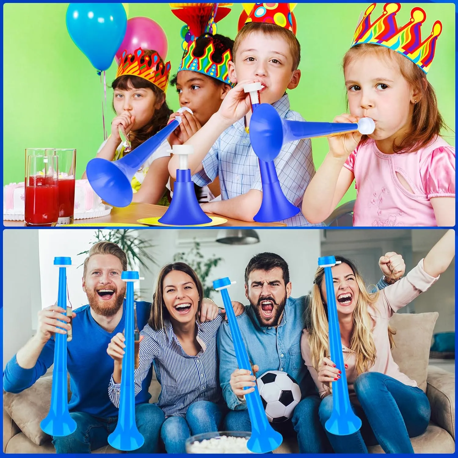 Denylo pro 4 Pcs Collapsible Stadium Horn Set NoiseMaker Vuvuzela Plastic Trumpet Horn Set Blue Soccer Horn Blow Horn Noisemakers for Sporting Events Graduation Games School Sports Party Supplies